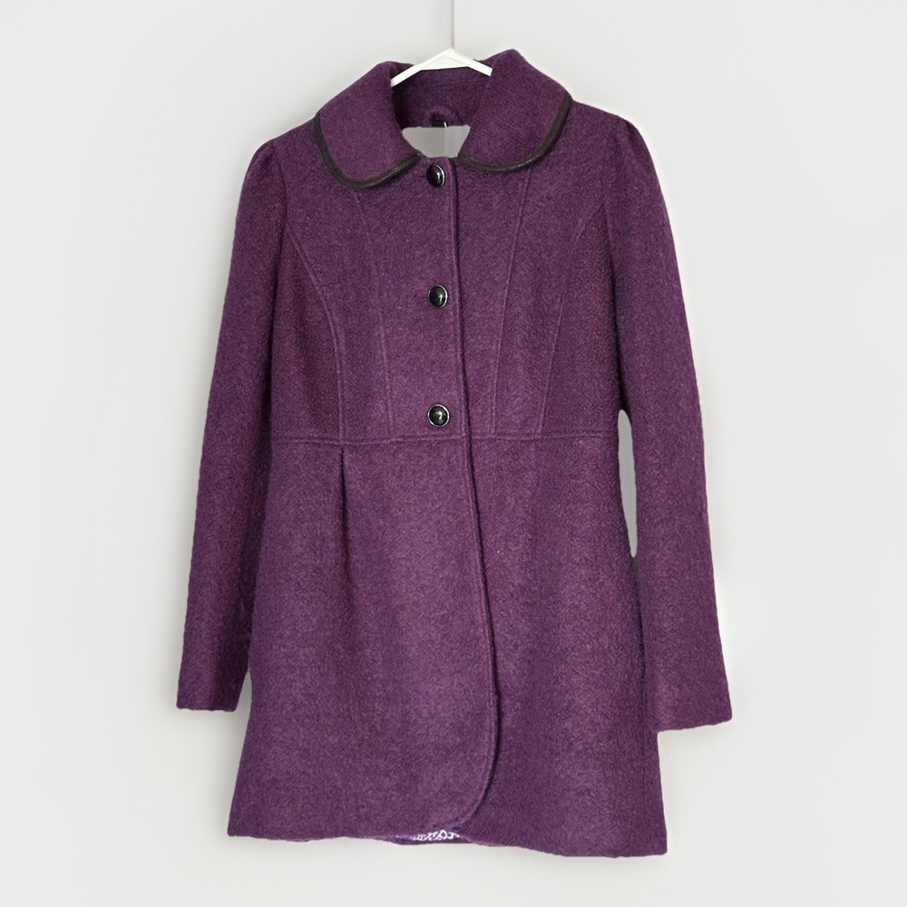 GUESS‎ Wool Pea Coat Women Purple Button Tailored Jacket Classic Medium Coquette